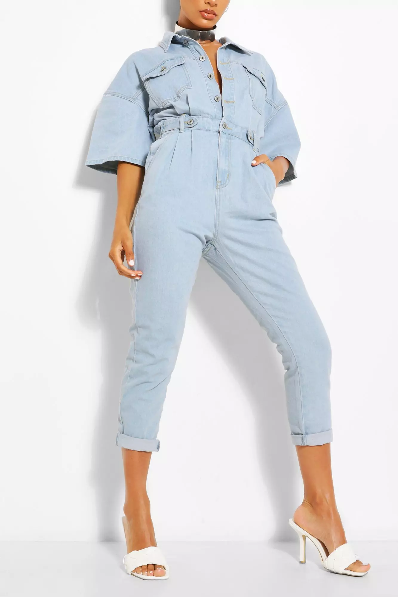 Denim jumpsuit sale boohoo